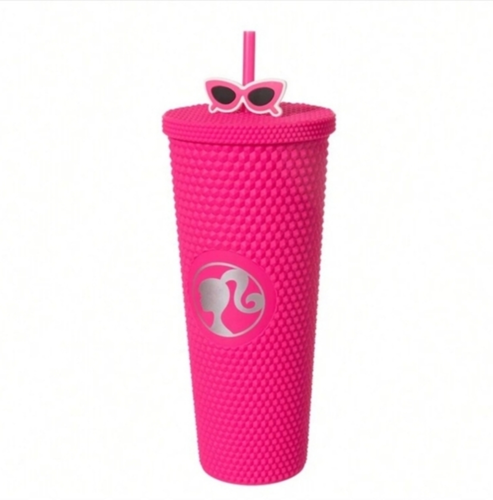 Miniso Barbie Logo Studded Travel Tumbler With Glasses Straw‎ Large Pink 24oz